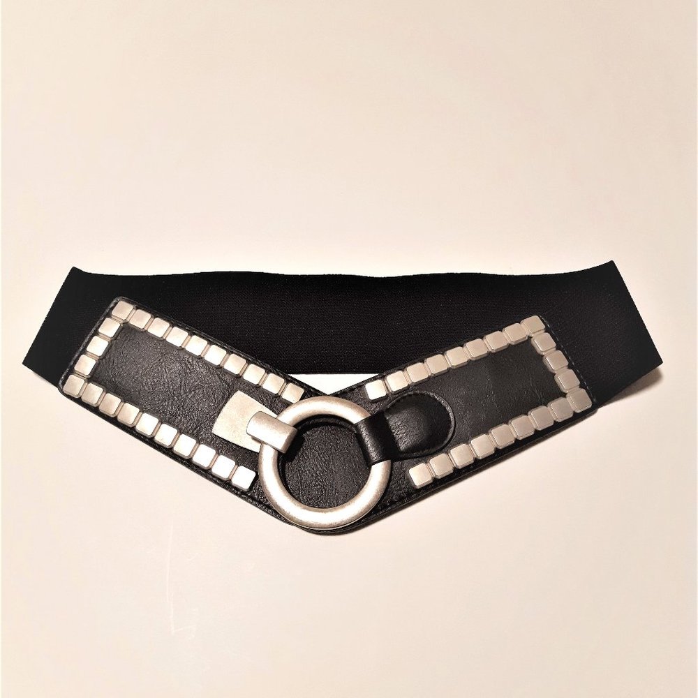 NEW Faux Leather and Elastic Belt with Metal Design